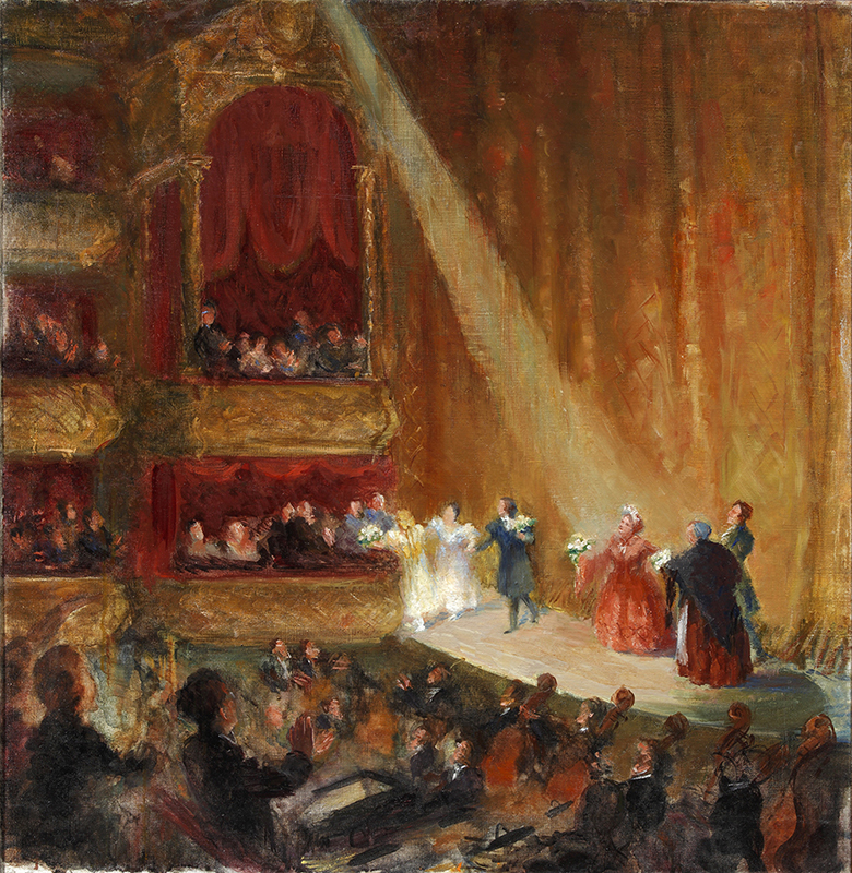 Артисты Большого театра приветствуют ударников производства в ложе. 1935