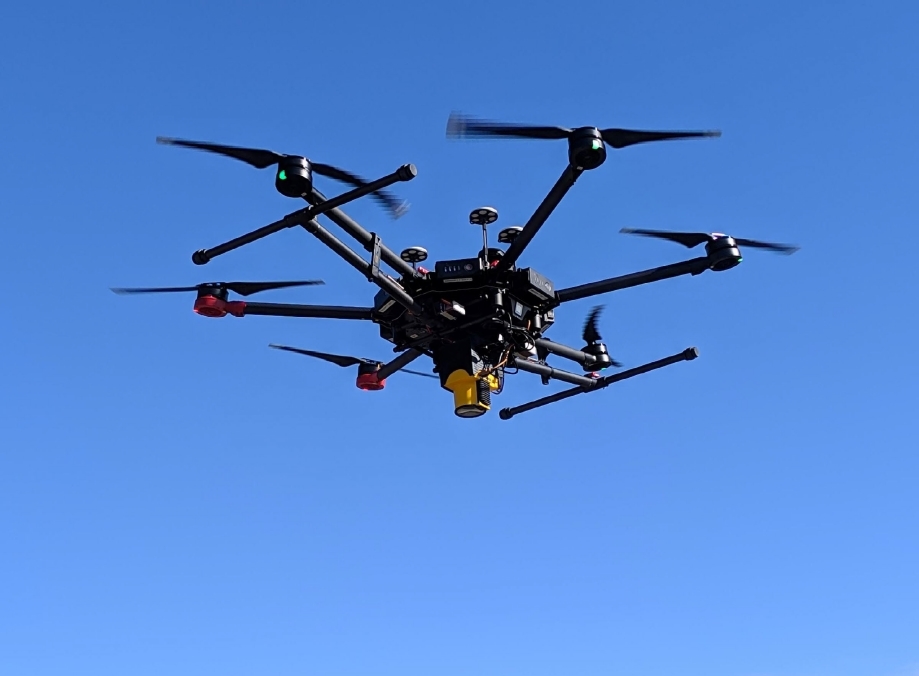 Light lift drones with IR laser methane detecion system. LMC Falcon detector installed on a DJI M600 Pro drone