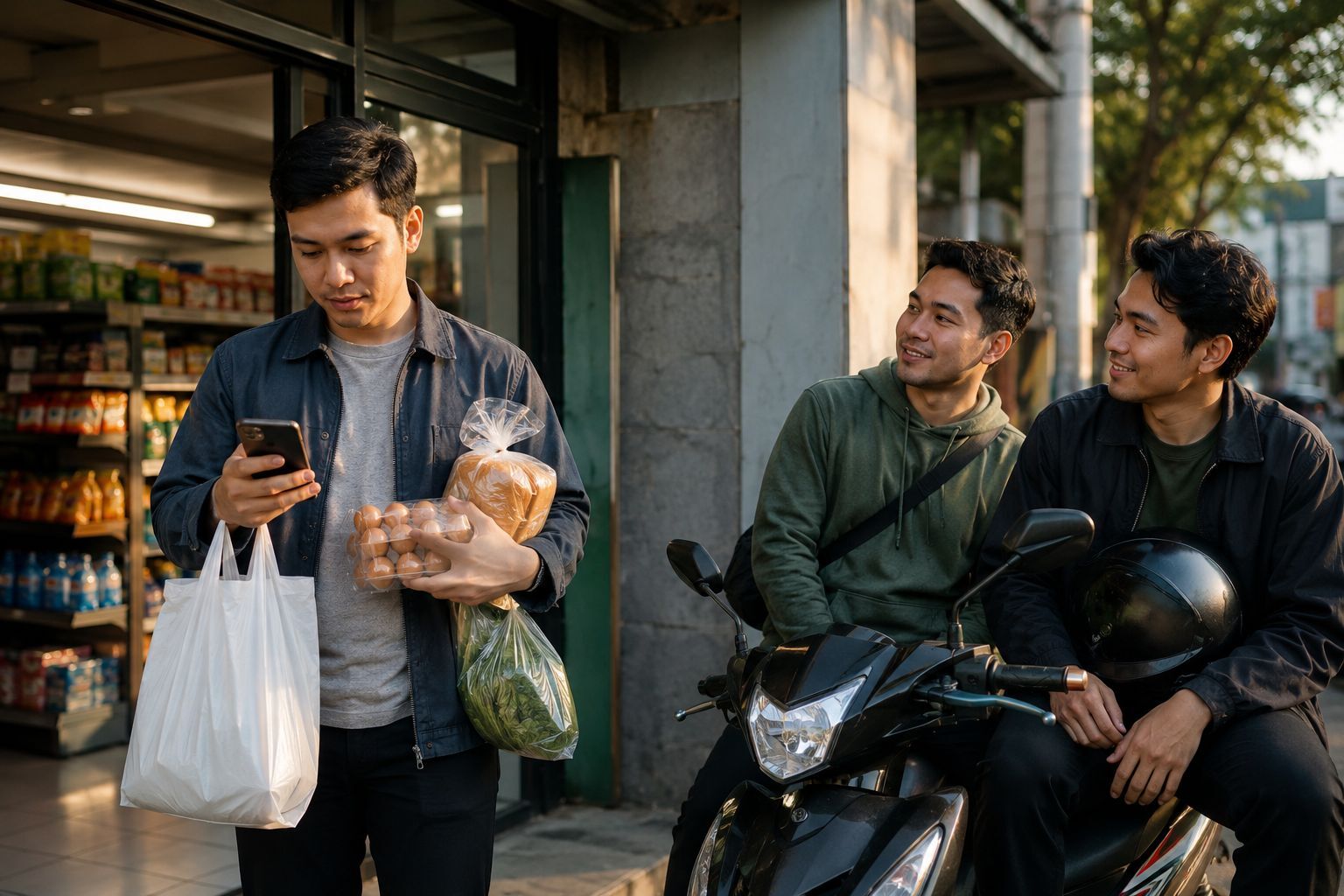Teman membawa beberapa barang titipan setelah berbelanja di minimarket Indonesia.