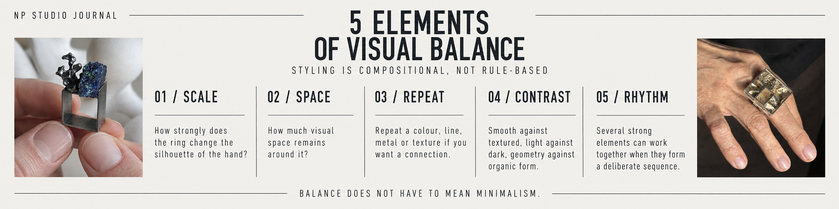 NP Studio Journal infographic showing five elements of visual balance: scale, space, repeat, contrast and rhythm.