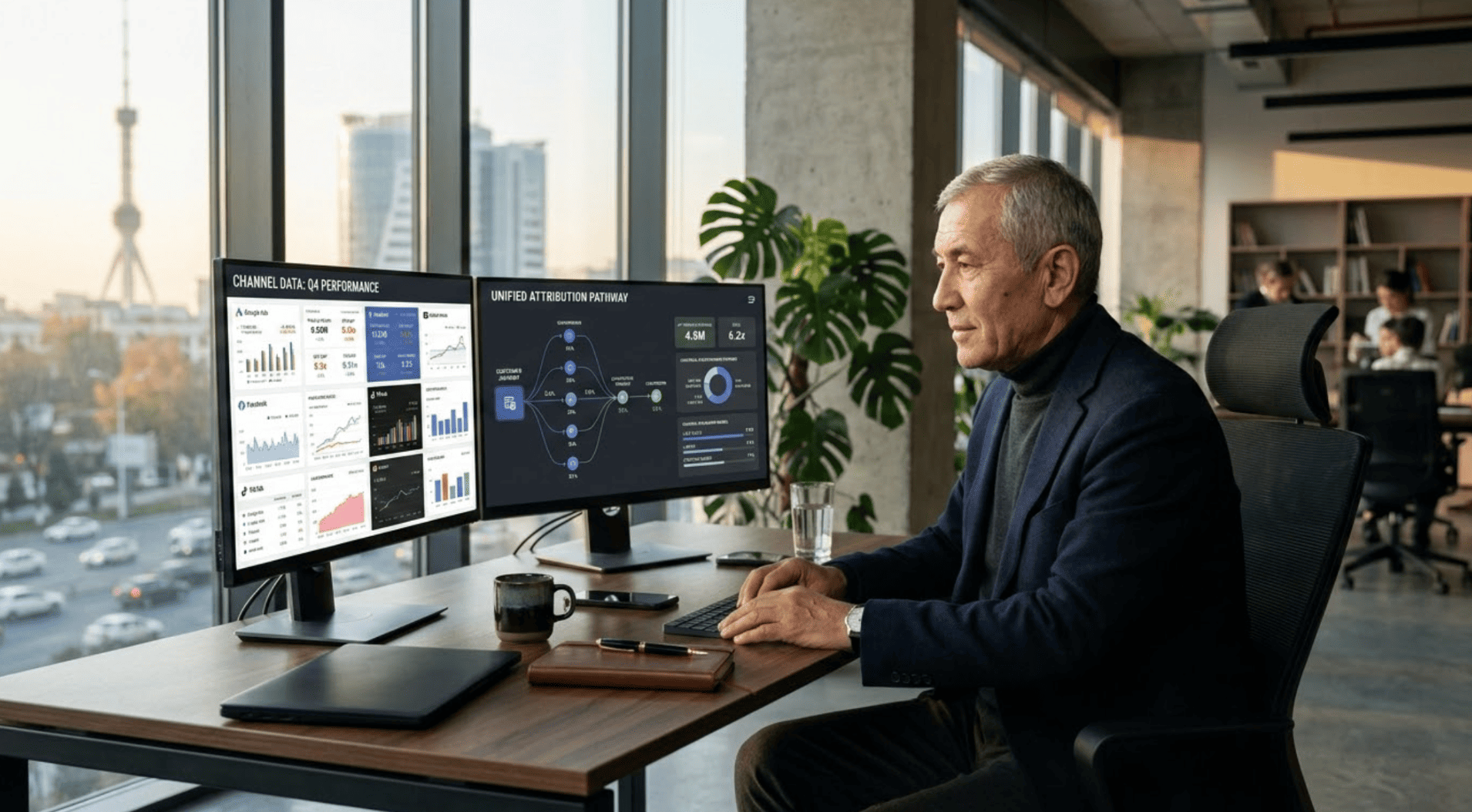 A marketing director in a Tashkent office compares fragmented ad dashboards with a unified attribution view — illustrating the problem of attribution blindness in digital advertising.