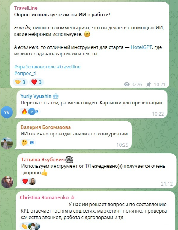 Опрос в Telegram-канале TravelLine об использовании ИИ в работе