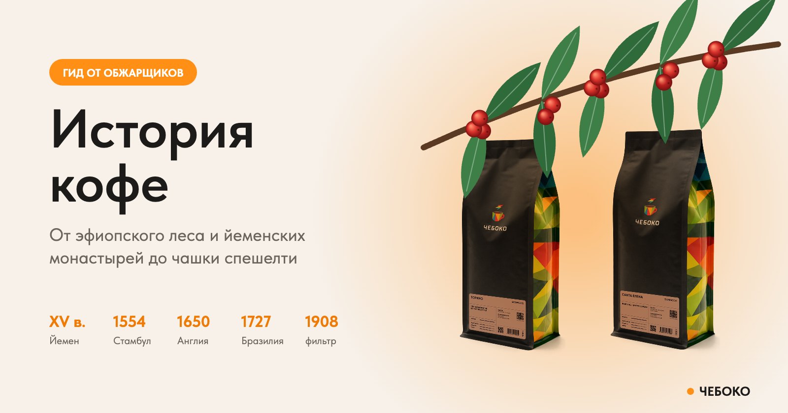 История кофе: ветка кофейного дерева с ягодами и пачки кофе Чебоко