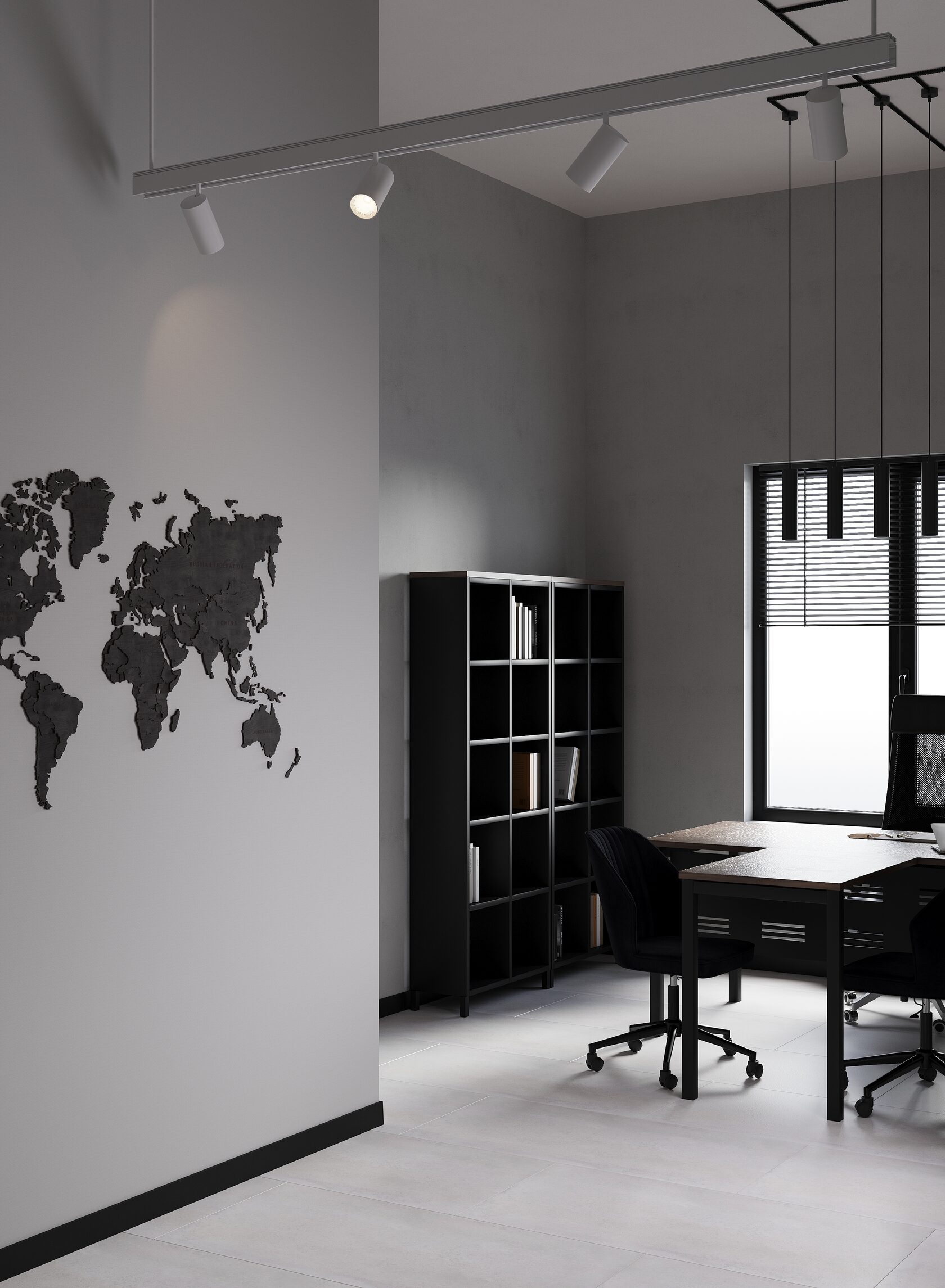 Черная карта мира на стене в интерьере