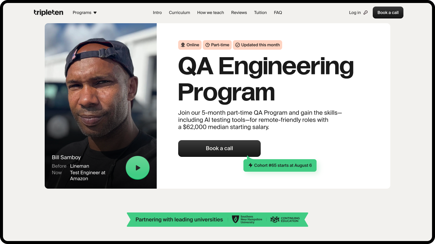 TripleTen QA Engineering Program page featuring student Bill Samboy and a &ldquo;Partnering with leading universities&rdquo; banner