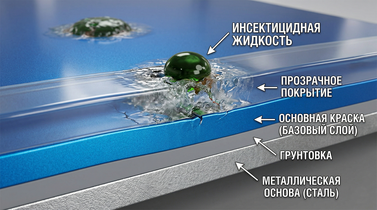 Схема разрушения автомобильного лака органическими кислотами от следов насекомых.