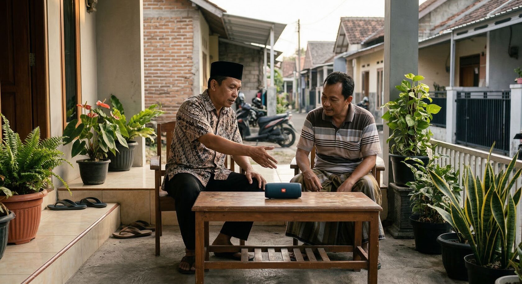 Dua tetangga laki-laki berdiskusi tenang tentang suara speaker di teras rumah