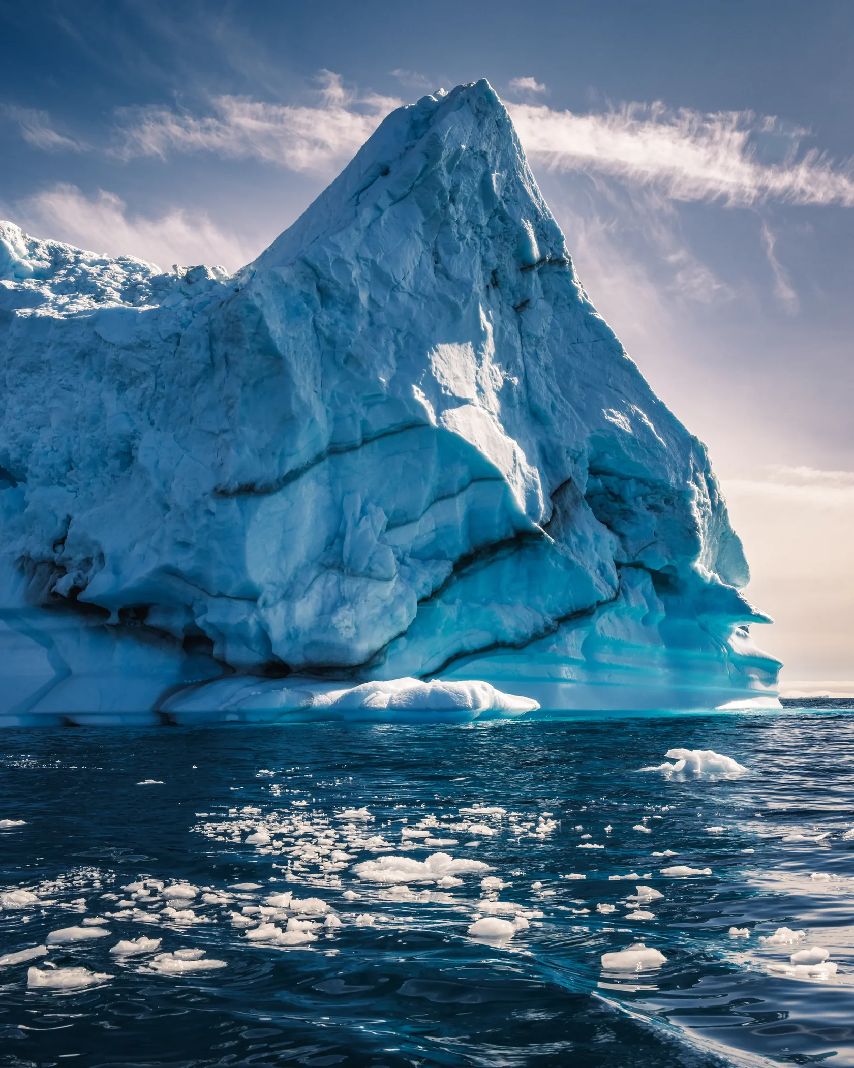 A towering blue iceberg floating in the waters of East Greenland showcasing sculpted ice formations deep turquoise layers and dramatic Arctic scenery. These massive icebergs formed by Greenlands glaciers are among the highlights of sailing expeditions thr