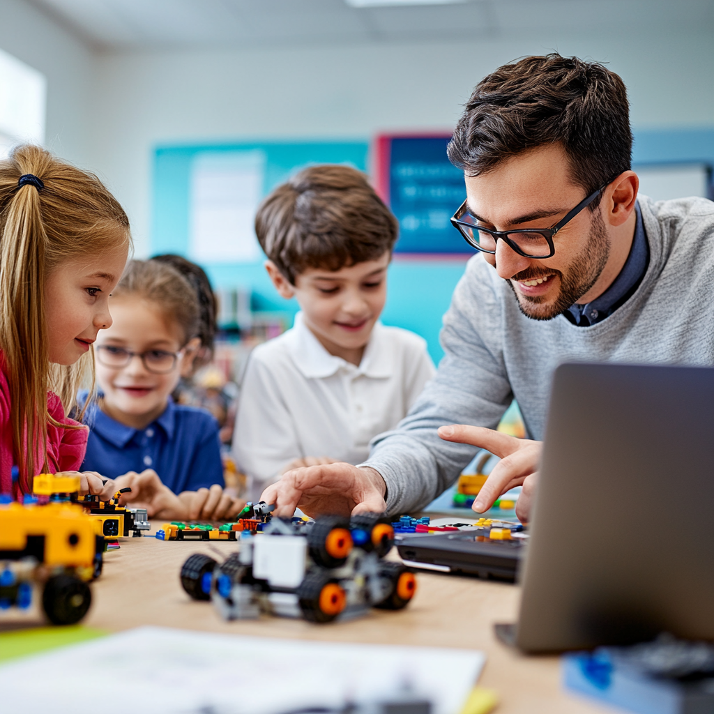 Дети программируют роботов на уроке робототехники