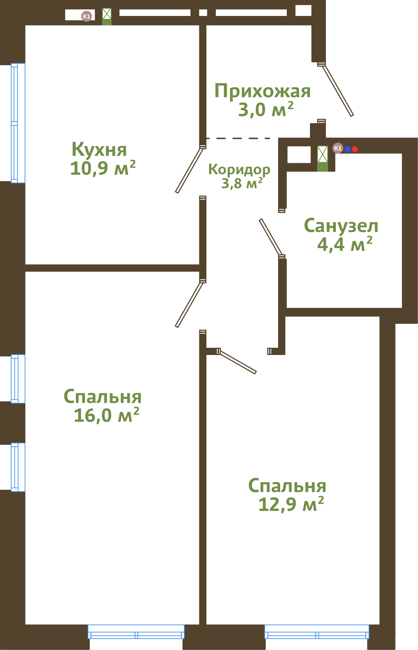 Планировка 2-комнатной квартиры 51 м²