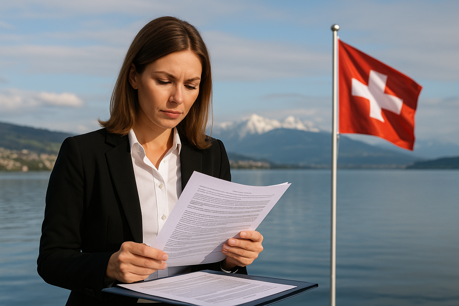 Entrepreneur reviewing legal documents with Lake Zug and Swiss flag in the background