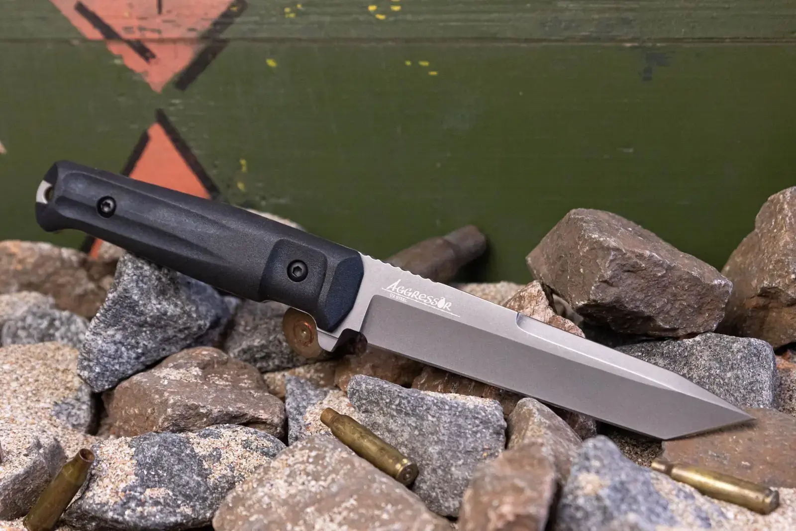 Aggressor D2 TacWash full-size knife beside its ballistic nylon sheath