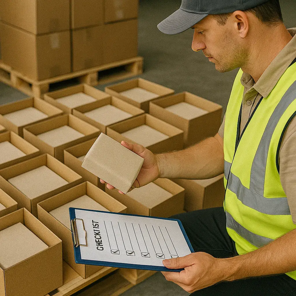 Суровый китаец в очках и в деловом костюме за спиной которого, коробки с товарами.