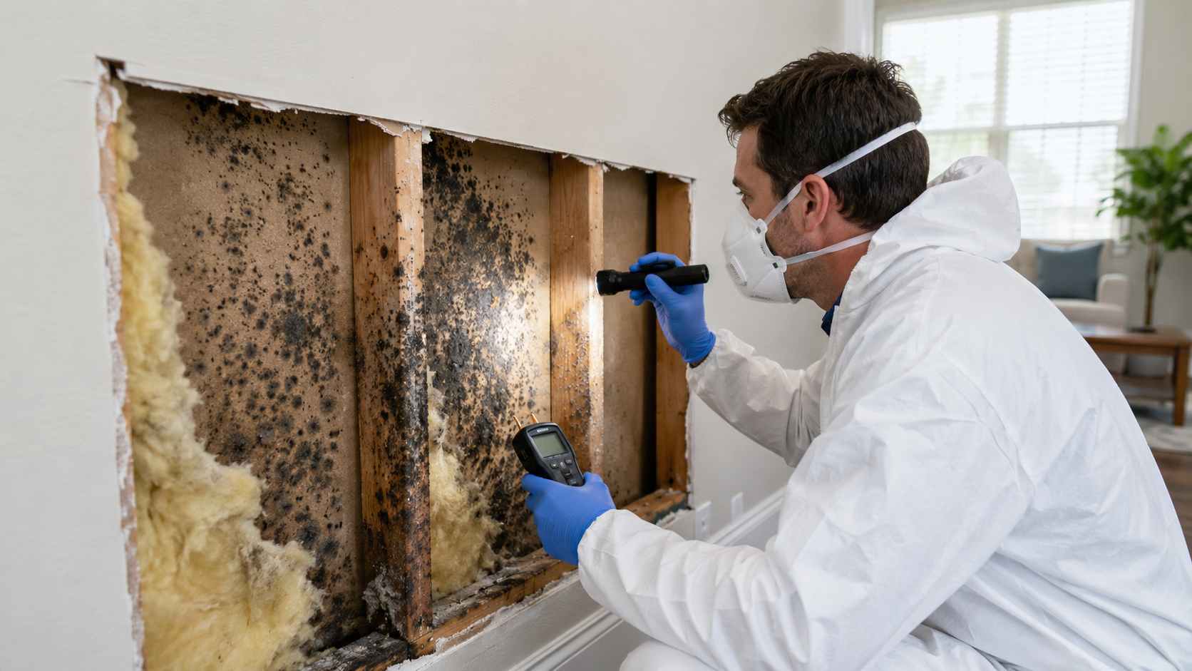 Restoration technician inspecting mold behind drywall after a wall leak in a Northern Virginia home