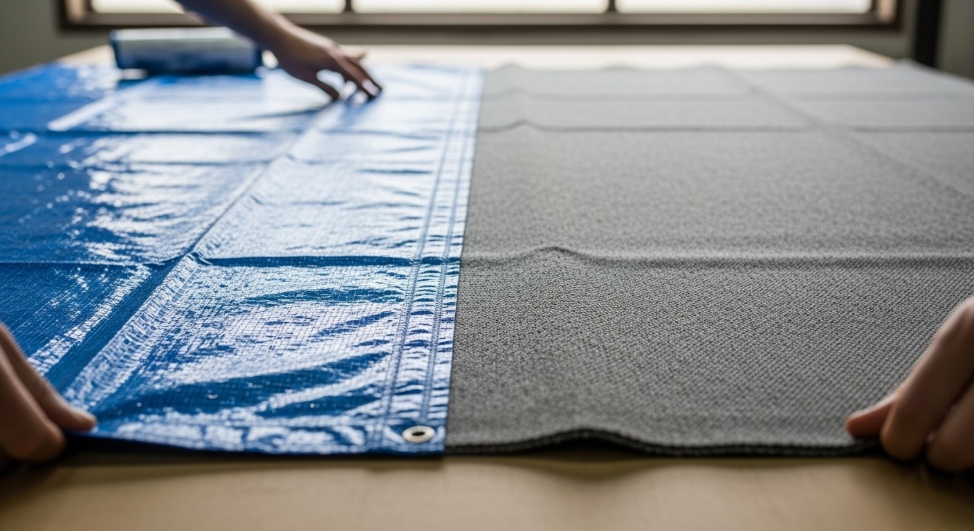 Сравнение текстуры тарпаулина и оксфорда на производстве для выбора морозостойкого материала тента в условиях низких температур