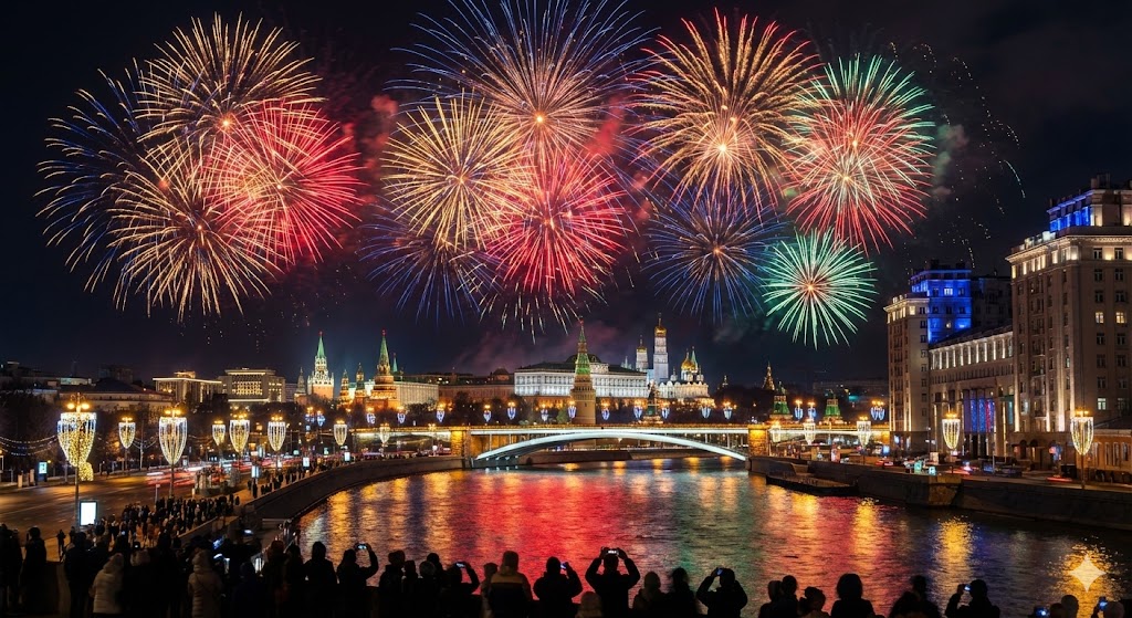 Праздничный салют в Москве над рекой, ночная съемка