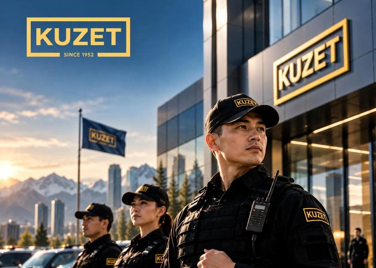 Жёлтая форма охранников с шевроном KUZET висит на вешалках спиной к зрителю