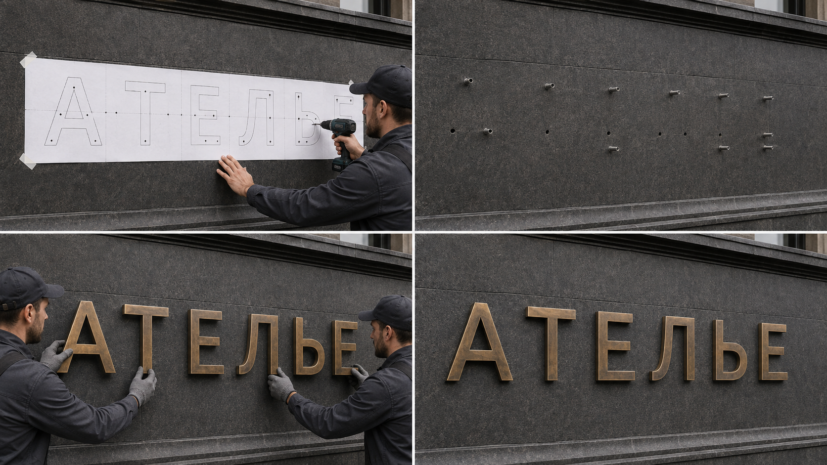 3D Рендер — монтаж бронзовых букв АТЕЛЬЕ