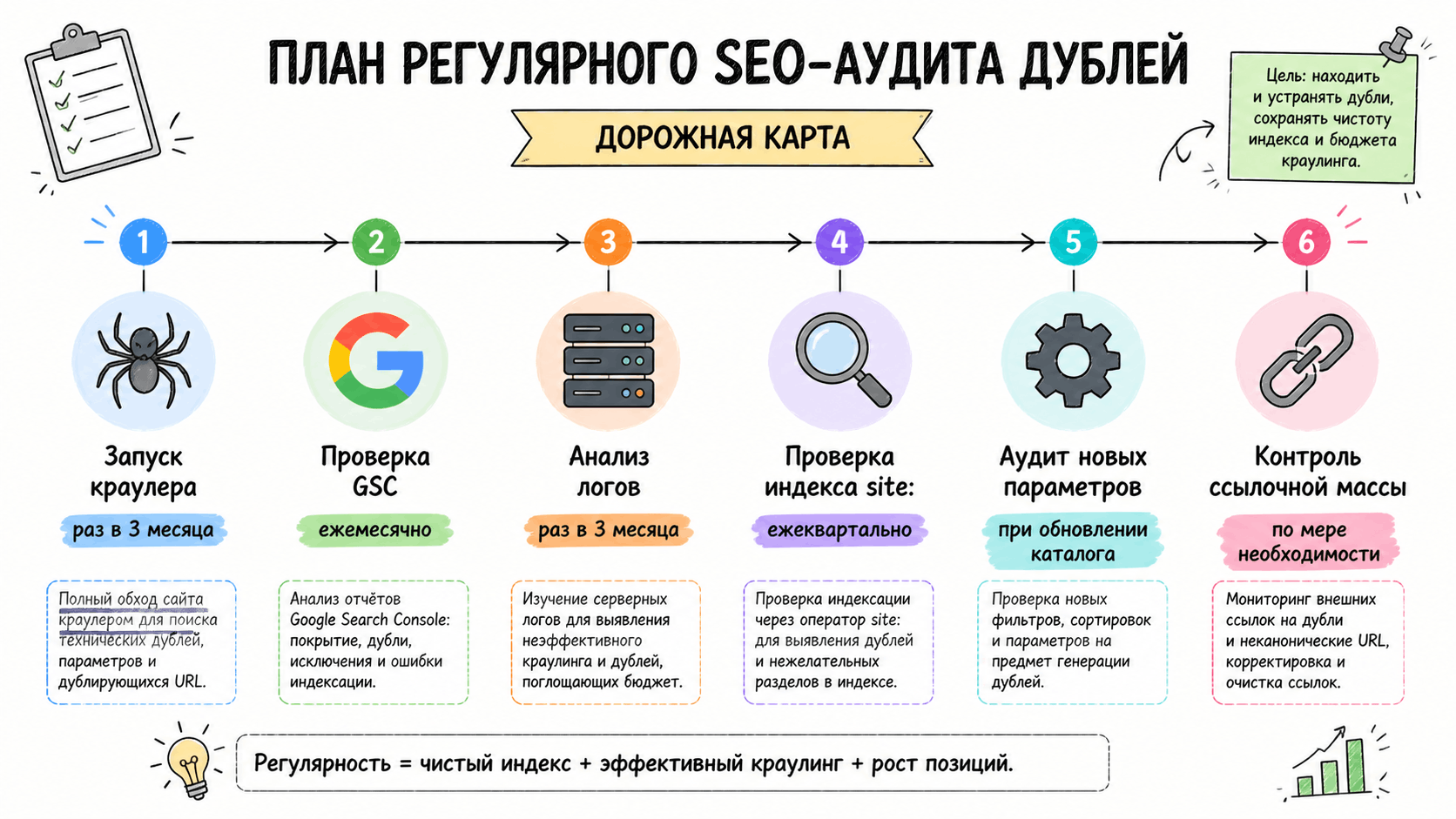 Инфографика-календарь: 6 шагов регулярного аудита дублей с рекомендуемой периодичностью