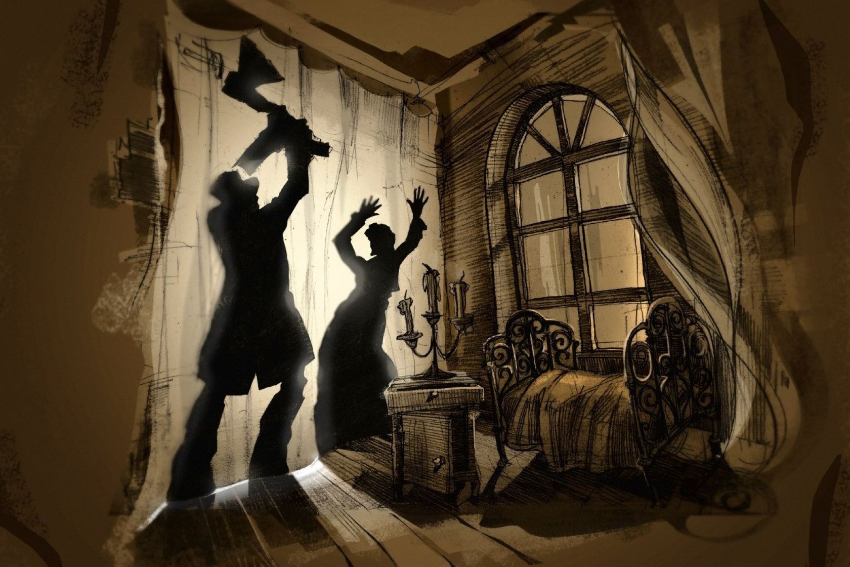 Силуэт Родиона Раскольникова, замахивающегося топором в момент убийства старухи в романе «Преступление и наказание»