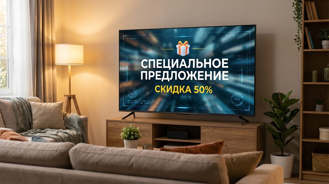 Пример рекламы на Smart TV: Акция и спецпредложение: крупная скидка на весь экран