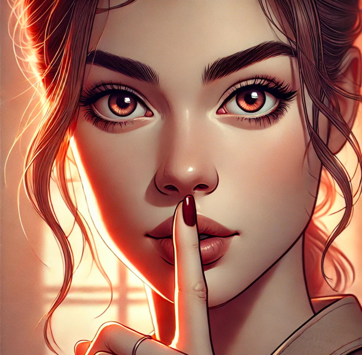 An image of a woman making a “shh” gesture, implying a secret