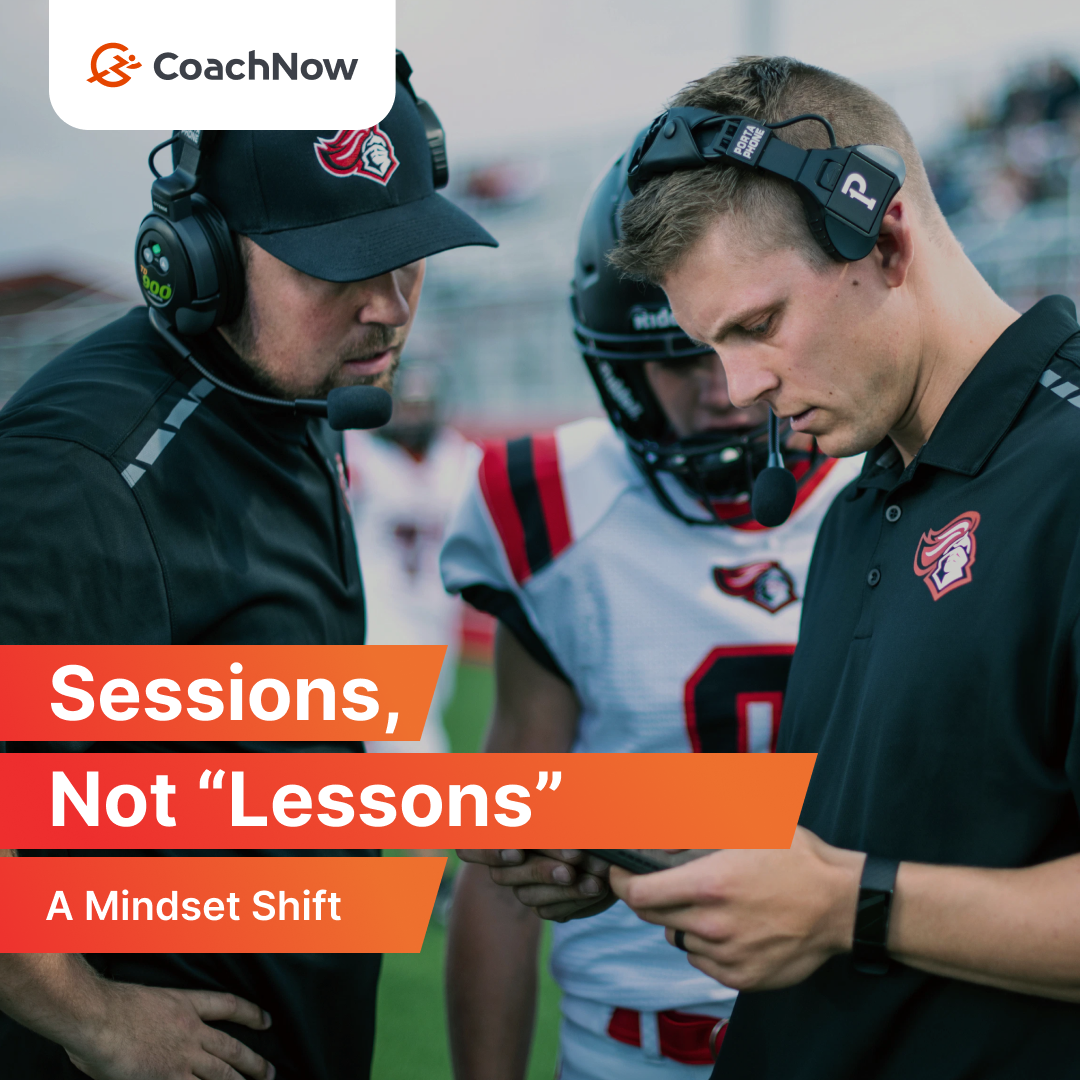 25 year old football player looking at iPad with headphones, text reading CoachNow, Sessions, not Lessons
