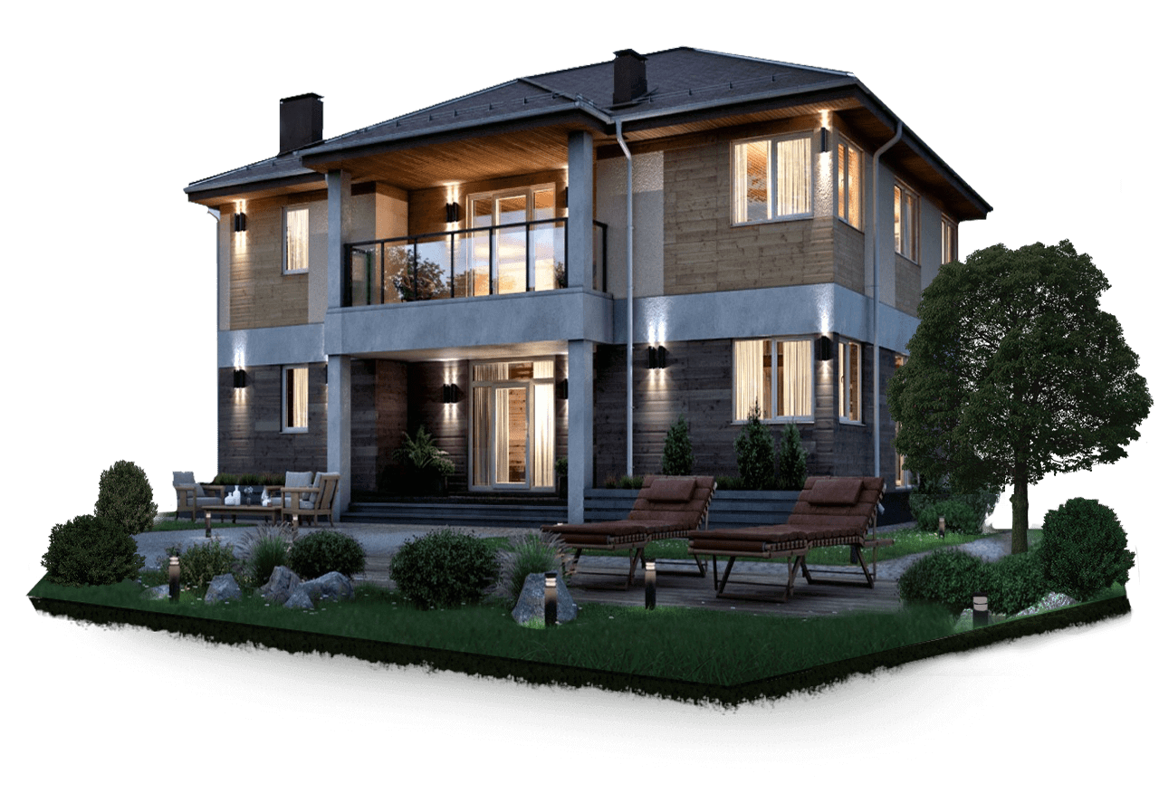 Дом с красивой фасадной подсветкой