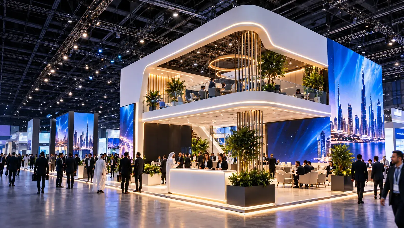 Custom double-decker exhibition stand with LED walls on a Dubai show floor