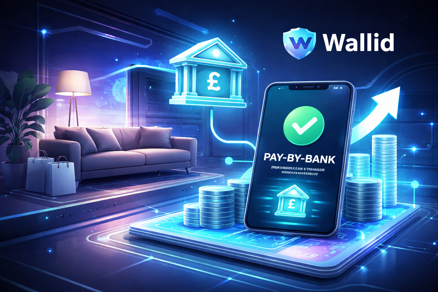 Futuristic illustration of furniture ecommerce payments showing instant Pay-by-Bank settlement and cash flow acceleration powered by Wallid