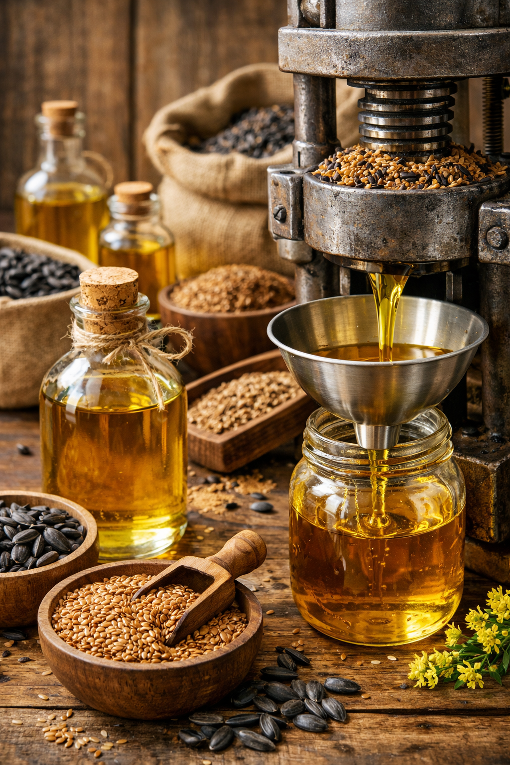 Процесс холодного отжима масла (иллюстрация)