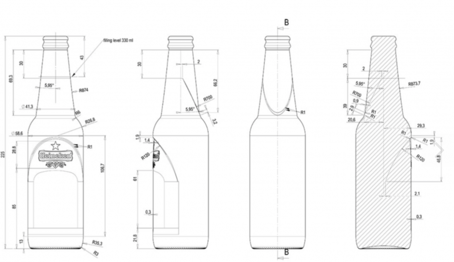 Чертеж бутылки. Диаметр бутылки Heineken 0.5. Диаметр бутылки пива 0.33. Размер пивной бутылки 0.5 Хайнекен. Высота пивной бутылки 0.5 Heineken.