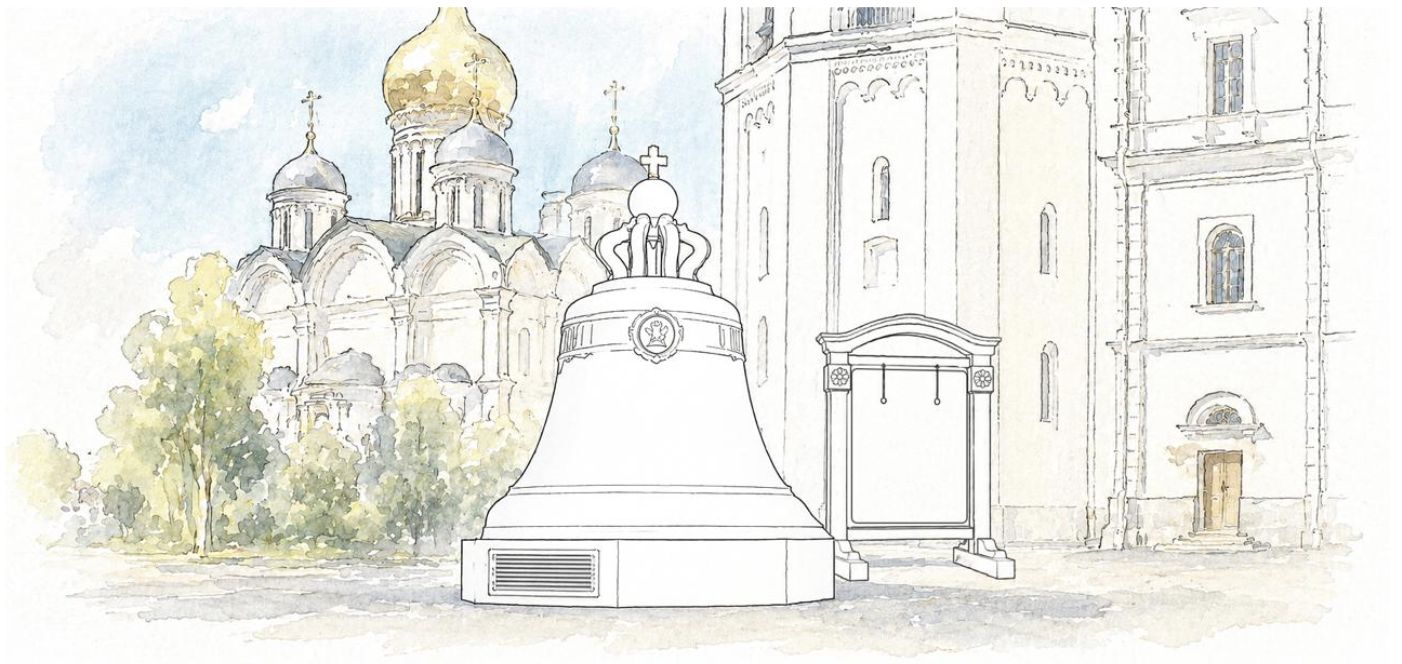 Царь-колокол на постаменте в Московском Кремле, рядом Архангельский собор