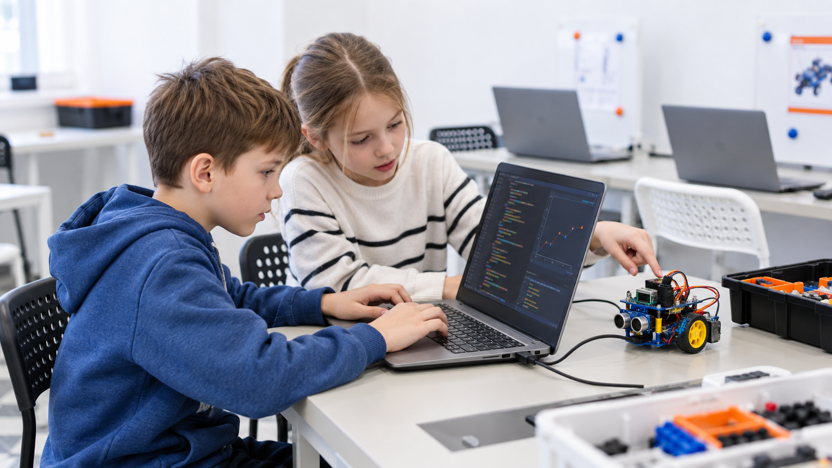 Дети изучают Python и AI с учебным роботом на занятии в Роботрек