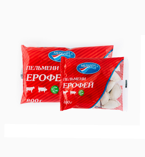Пельмени «Ерофей» от производителя Мерилен — замороженные полуфабрикаты с начинкой из говядины, свинины и шпика, со специями и чесноком. Упаковка: 400 гр./800 гр. Традиционный русский вкус.