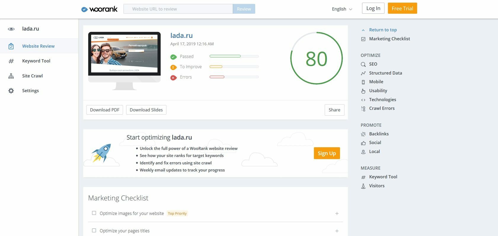 Анализ lada.ru с помощью Woorank