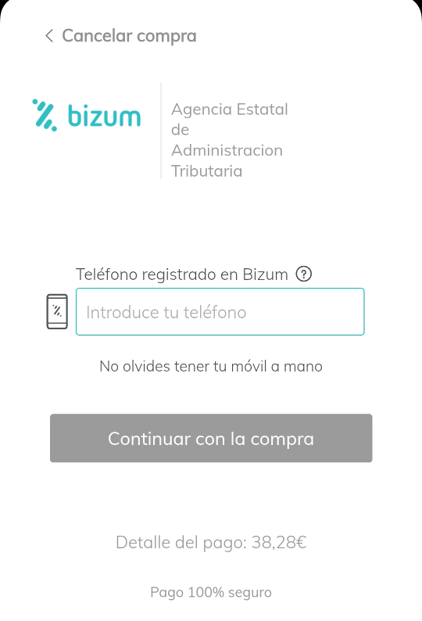 Bizum — pantalla de introducción del número de teléfono