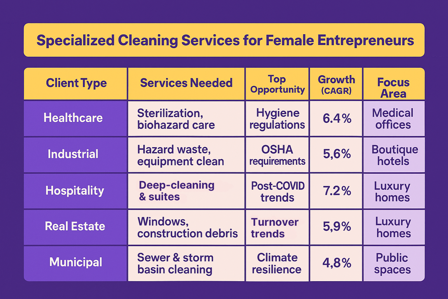 This table identifies key niche cleaning options and their primary client needs, helping women looking to explore or expand businesses in this sector.