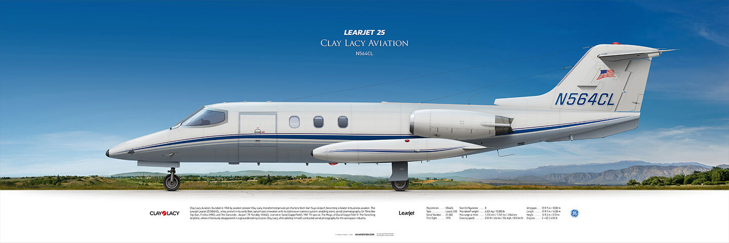 Learjet 25D, Clay Lacy Aviation, airplane in profile against a landscape background