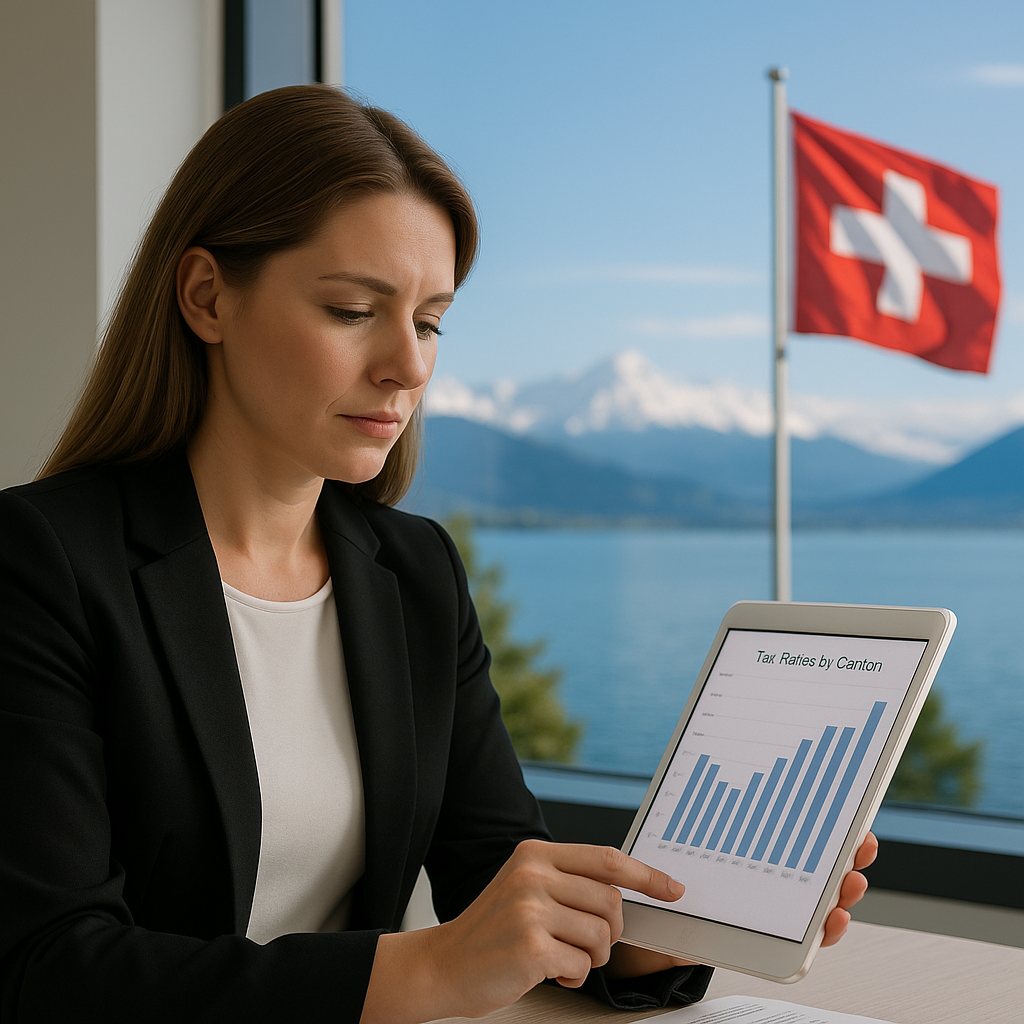 Empresario comparando tasas impositivas entre cantones suizos con el Lago de Zug y la bandera suiza de fondo