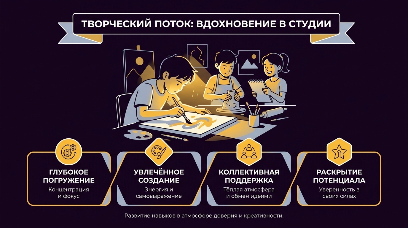 Ребенок увлеченно работает над творческим проектом в небольшой группе
