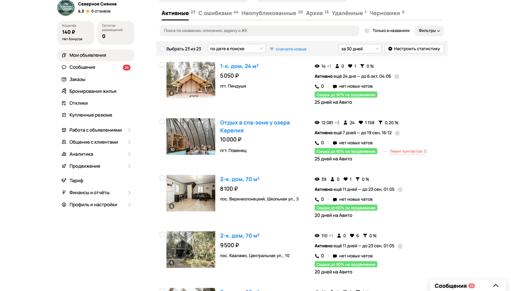 Работа с объявлениями и карточками объектов гостиницы в Карелии на платформе Avito