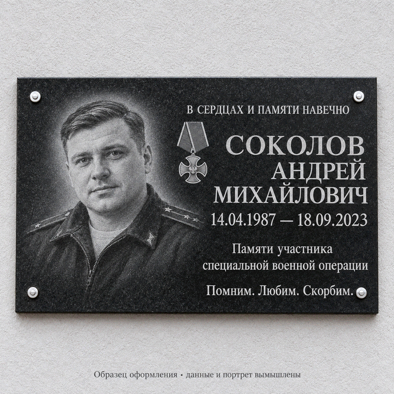 Образец СВО-01. Классический портрет. Мемориальная табличка из чёрного гранита. Данные и портрет вымышлены.