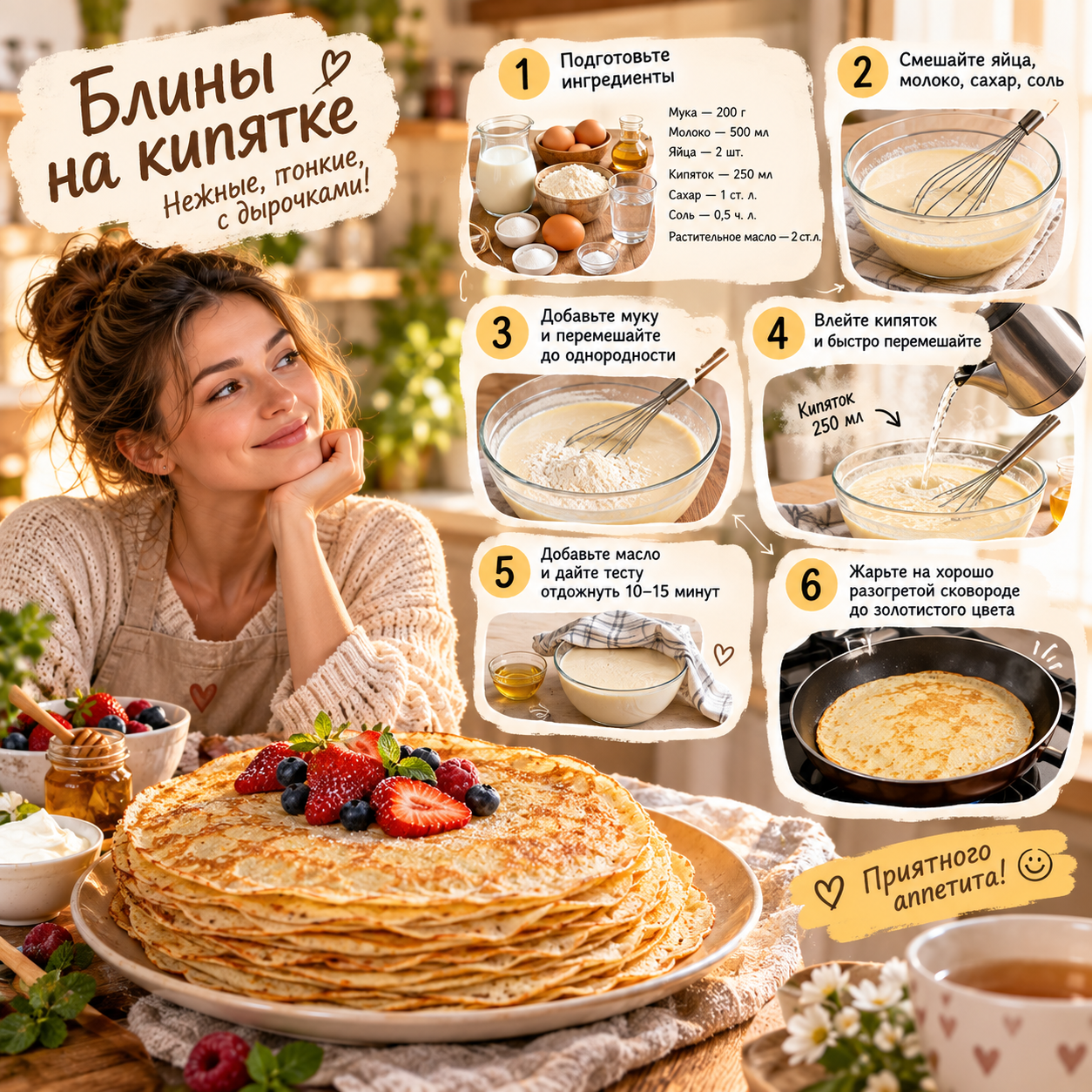 как приготовить блины на кипятке — простой рецепт тонких блинов | Я НАЙДУ!