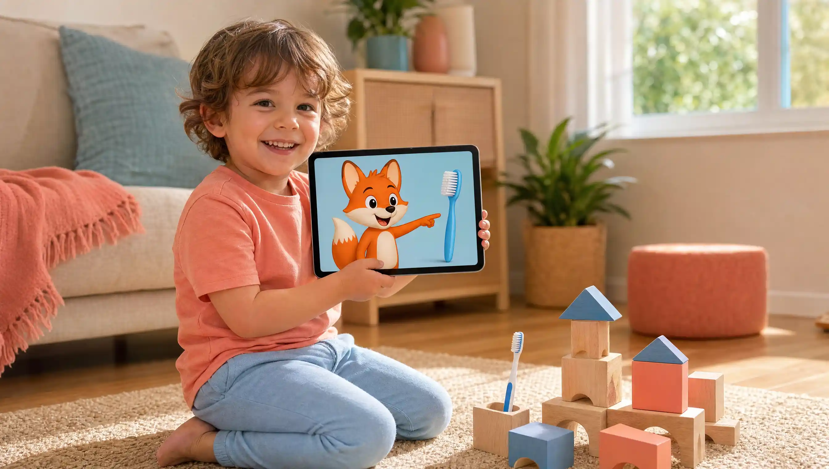 Toddler practicing first routines on a tablet with Kevin the Fox and real-world toys — best apps for 3 year olds 2026