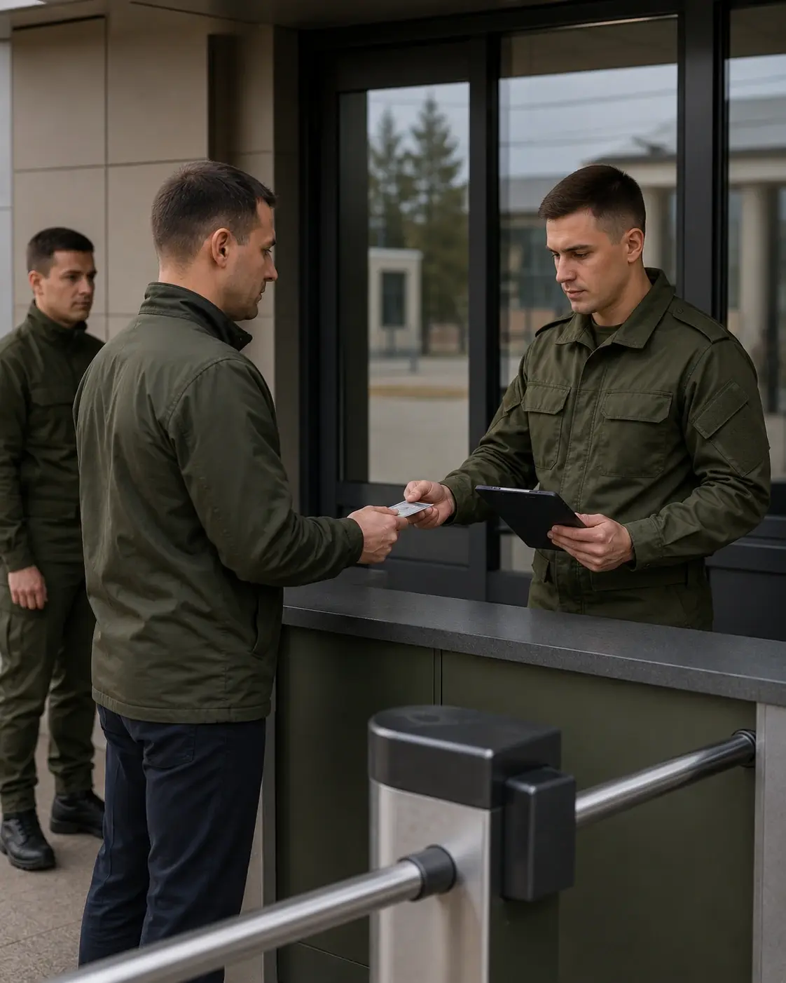 Военная полиция проверяет документы в спокойной служебной обстановке