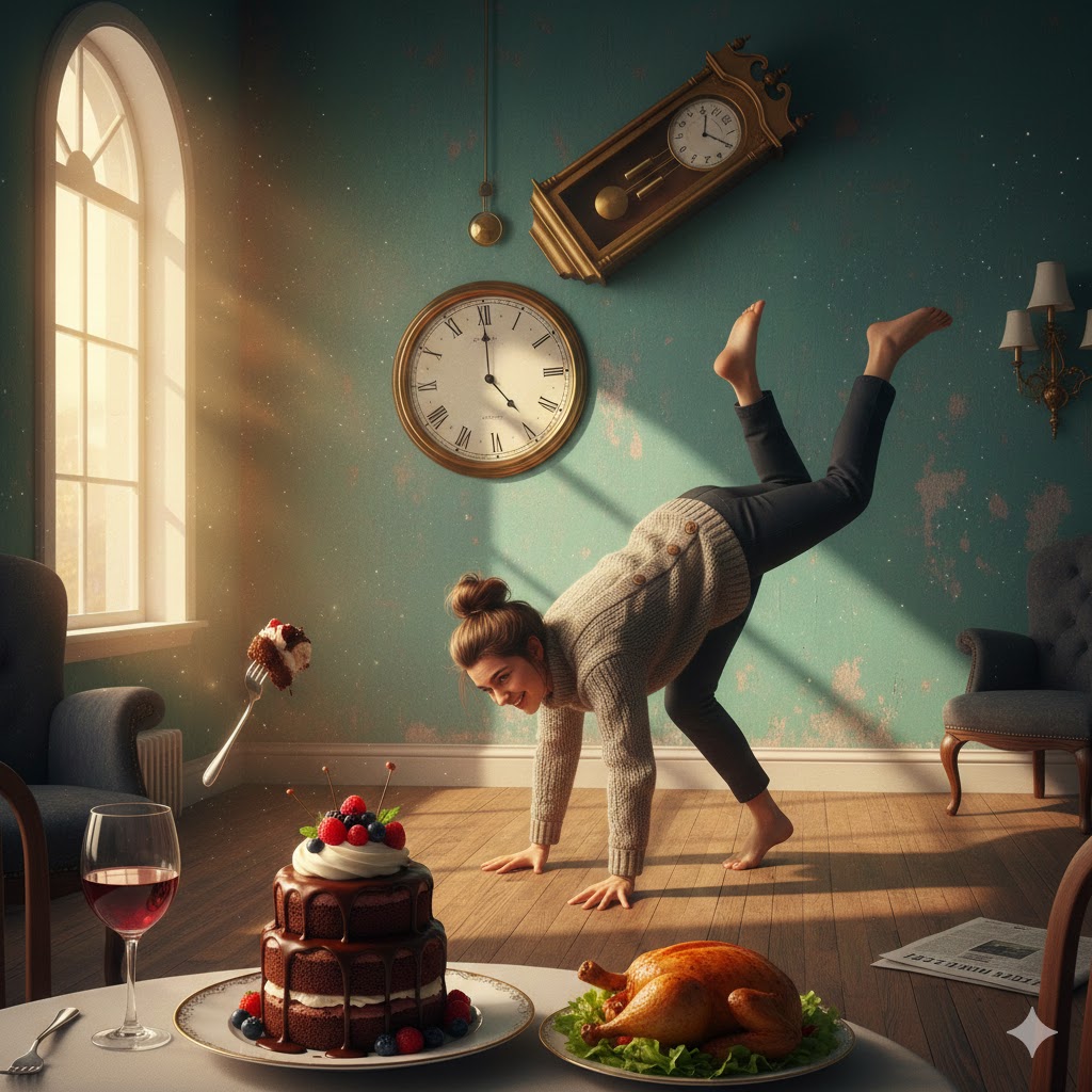 Человек празднует День наоборот, надев одежду задом наперед в комнате с перевернутыми часами.