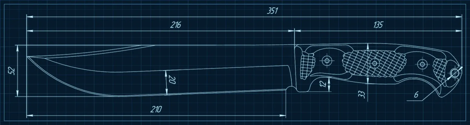 Kizlyar Supreme Bastardo technical drawing with production dimensions