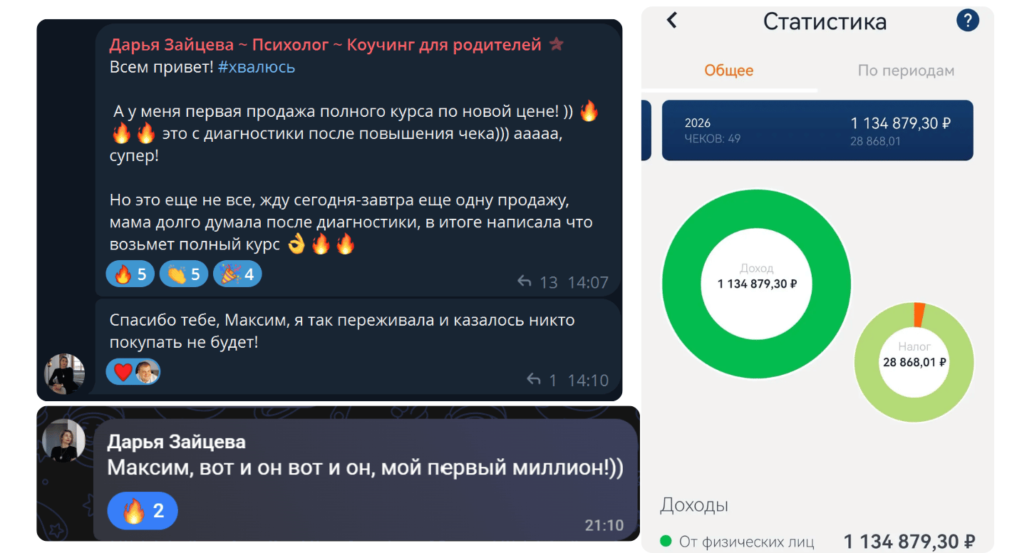 Отзыв ученика со скриншотом дохода