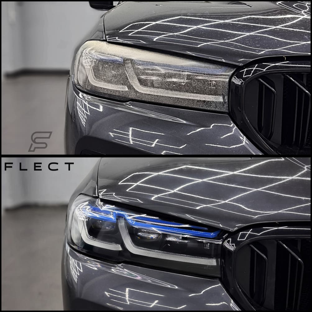 Стекла фар BMW G30 до и после восстановления — помутнение, микроцарапины и следы пескоструя
